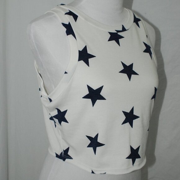 GeeGee Womens Medium White Crop Top Blue Stars Distressed 17” EUC USA America - Picture 3 of 5